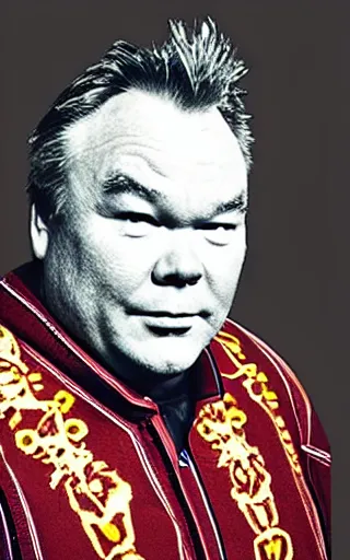 Image similar to Stewart Lee wearing Mongolian armor, high angle, iPhone selfie