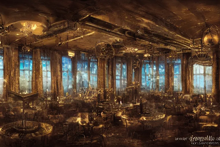 Prompt: steampunk ballroom filling with water, waves sloshing around, wide shot, cinematic, realistic painting