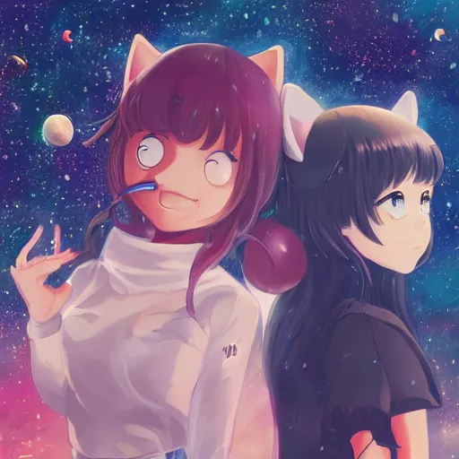 Prompt: catgirls in space by haruko ichikawa, kyoto animation, square enix makoto shinkai artgerm