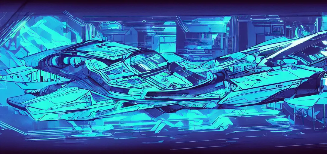 Prompt: Spaceship board, zenithal view, blue neon light, in the graphic style of Patrick Gleason, detailed art, artstation, comic art