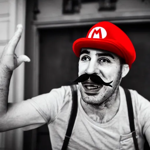 Image similar to an Italian man with a mustache dressed as Mario wearing a solid red Mario hat drooling, eyes rolled back, excited about a Magic Mushroom he just found 50mm lens, f1.8.