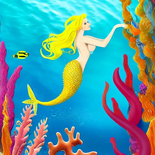 Prompt: detailed photo of alluring blonde mermaid riding a colorful seahorse underwater surrounded by fish