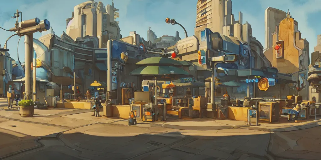 Image similar to overwatch building, stylized, exterior, architecture, in watercolor gouache detailed paintings, insanely detail, artstation, 8 k, futuristic, big medium small, arcane, simon stalenhag, food stall, interesting shapes & form, golden ratio