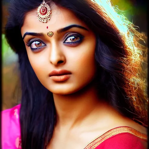 Image similar to beautiful Indian cute teen girl resembling Aishwarya Rai, beauty expressive pose, art by mark brooks, but as a real life photograph, natural skin tone HDR photorealism, cinematic lighting, 8k ultra high definition