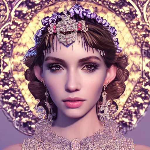 Image similar to portrait of pretty princess with perfect skin, glowing, ornate and intricate diamond jewelry, jaw dropping beauty, ornate and intricate backdrop, white accent lighting, hyper detailed, 4 k octane render