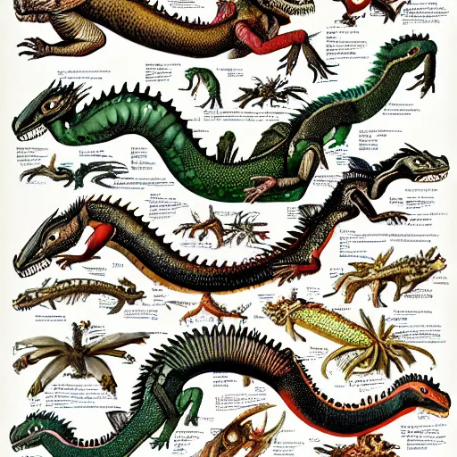 Prompt: an illustrated field guide to european dragons showing examples of males and females of each spicies, biological illustrations, art by john james audubon robert stebbins and terryl whitlatch and david sibley and charles darwin, highly detailed, intricately detailed, 8 k, trending on artstation