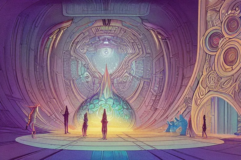 Prompt: delicate retro scifi illustration by terese nielsen of a large group of people entering the glowing doorway of a massive vulva - shaped temple constructed of carved iridescent pearls and house - sized crystals of impossible architecture floating in the astral plane, trending on cgsociety.