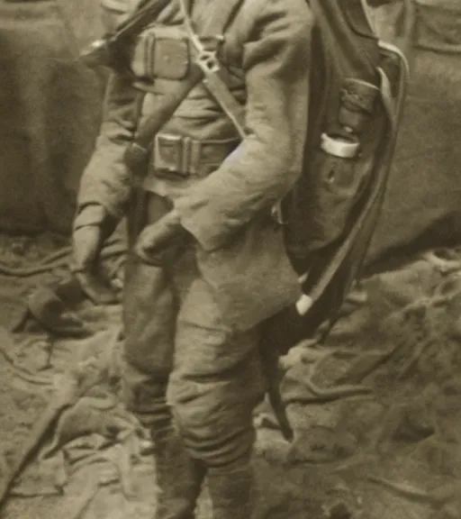 Prompt: man in a anti-radiation suit and gasmask, ww1 film photo, grainy, high detail, high resolution