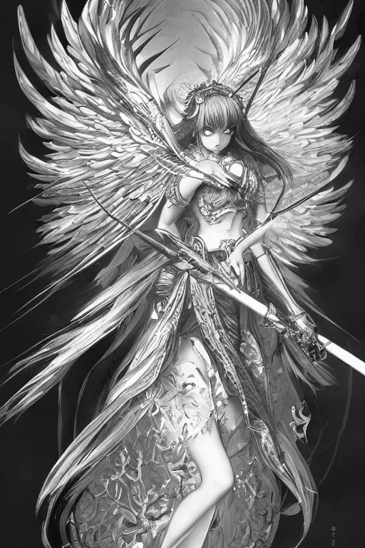 Prompt: alluring highly-detailed pen and ink illustration of an anime archangel, elegant, highly detailed, digital painting, trending on Artstation, concept art, smooth, sharp focus, illustration, in the style of artgerm and greg rutkowski and alphonse mucha, bw