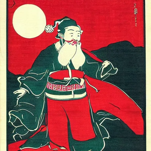 Prompt: owen wilson dressed up as Santa Claus japanese woodblock print very beautiful