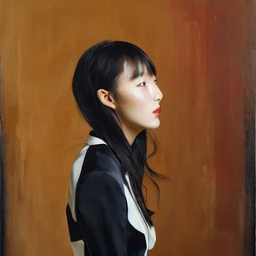 Image similar to portrait of a beautiful korean girl with long hair and bangs wearing a men's tuxedo, angular features, oil on canvas, elegant pose, masterpiece, Jonathan Yeo painting