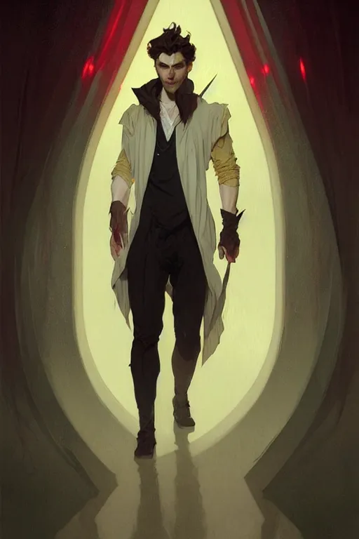 Image similar to portrait of a beautiful young fit male vampire with curly white hairs and yellow eyes, dressed with urban clothes, by greg rutkowski and alphonse mucha, d & d character, gradient white to red, modern nocturnal background, highly detailed portrait, digital painting, artstation, concept art, smooth, sharp focus ilustration, artstation hq