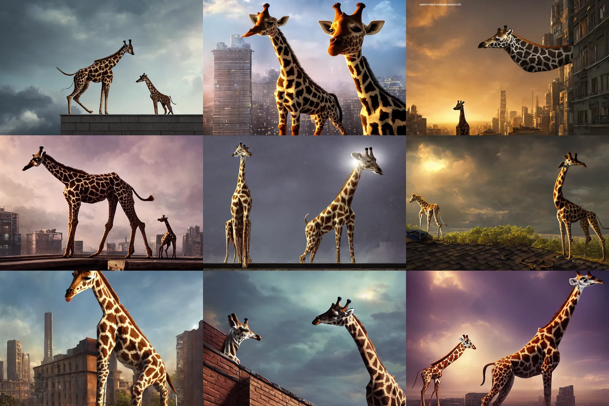 Prompt: a dog standing on the rooftop, the dog looks like giraffe, giraffe head and giraffe body, fantasy, intricate, epic lighting, cinematic composition, hyper realistic, 8 k resolution, unreal engine 5, by artgerm, tooth wu, dan mumford, beeple, wlop, rossdraws, james jean, andrei riabovitchev, marc simonetti, artstation