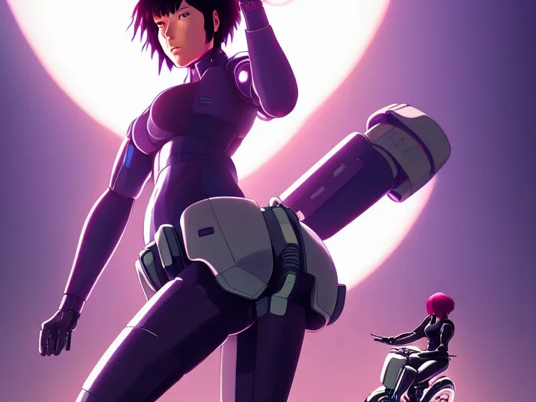 Image similar to a fullbody portrait of motoko kusanagi riding on top of a tachikoma : : stand alone complex, ghost in the shell, netflix : : by ilya kuvshinov, rossdraws, artgerm, sola digital arts, anti aliasing, raytracing : :