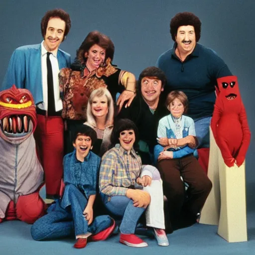 Prompt: 1 9 8 0's sitcom photo, a happy sitcom family with a giant cruel evil scary monstrous demonic creature, extremely detailed. stark. refraction. shallow depth of field. volumetric light and shadow. ray tracing. light rays