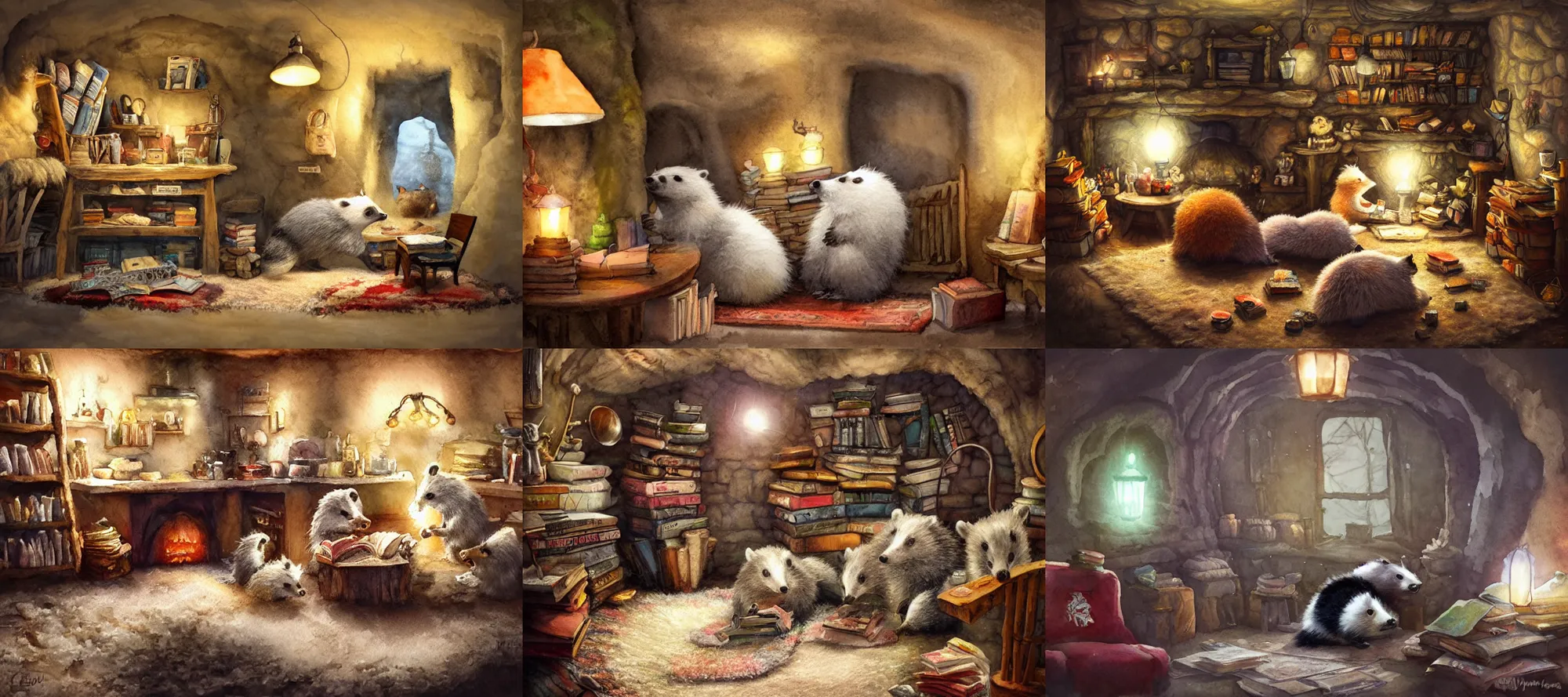 Prompt: watercolor, cute fluffy badgers wearing clothes live underground in a cave, fish eye lens, dark, lantern light, kitchen table, comfy chairs, cosy fireplace, stack of books on side table, colorful rug on floor by fireplace, family framed on the wall, soft, cosy, craig mullins, justin sweet