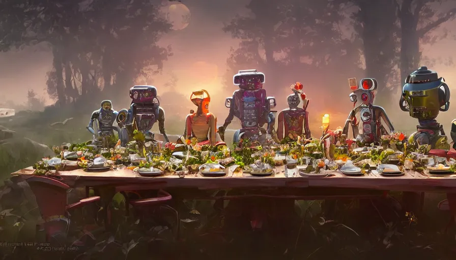 Image similar to a table dinner of robots where robots are dressed like the characters from the midsommar movie, realistic detailed digital art by maxwell boas jessica rossier christian dimitrov anton fadeev trending on artstation cgsociety rendered in unreal engine 4 k hq