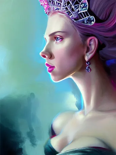 Image similar to pink portrait of beautiful female angel queen Scarlett Johansson head wearing shiny pink crown, subtle purple accents, hyper details, black metal rococo, sculpted by Alex Alice, Craig Mullins, yoji shinkawa, trending on artstation, beautifully lit, Peter mohrbacher, hyper detailed, insane details, intricate, elite, elegant, luxury, ray of light through smoke, CGsociety, hypermaximalist, golden ratio, volumetric, octane render, weta digital, micro details, 3d sculpture