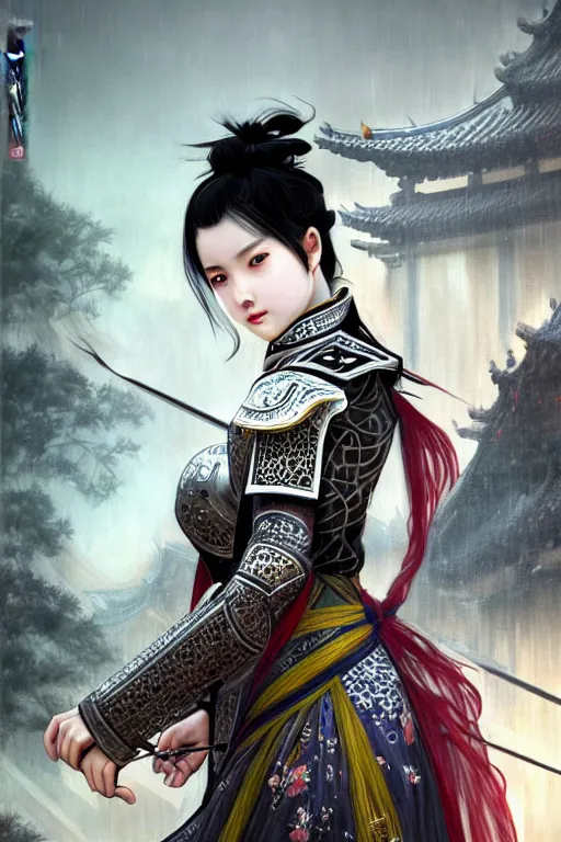 Image similar to portrait black hair young knights of Dynasty Warriors girl, matt white mirror armor, in ruin chinese temple rooftop heavily rain sunrise, ssci-fi and fantasy, intricate and very beautiful and elegant, highly detailed, digital painting, soft light, artstation, concept art, smooth and sharp focus, illustration, art by tian zi and WLOP and alphonse mucha