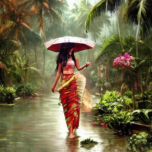 Image similar to monsoon on tropical island, beautiful oriental girl, ornate, beautiful, atmosphere, vibe, mist, coconuts, rain, wet, pristine, puddles, melting, dripping, snow, creek, lush, ice, bridge, forest, roses, flowers, by stanley artgerm lau, greg rutkowski, thomas kindkade, alphonse mucha, loish, norman rockwell