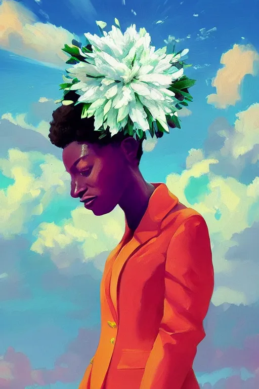 Image similar to portrait, giant flower as head, black woman in suit, surreal photography, golden hour, colorful clouds, impressionist painting, digital painting, artstation, simon stalenhag