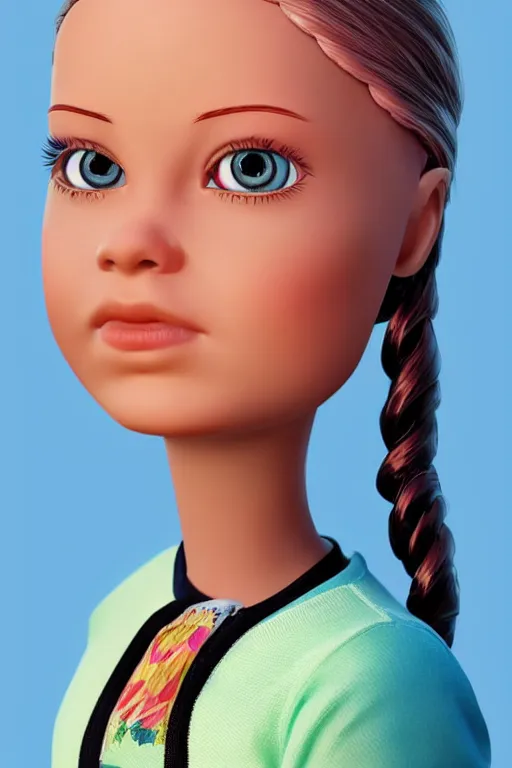 Image similar to greta thunberg as a barbie doll, vivid colors, high details, cinematic, 8k resolution, beautiful detailed, photorealistic, digital painting, artstation, concept art, smooth, sharp focus, illustration, fantasy background, artstation trending, octane render, unreal engine