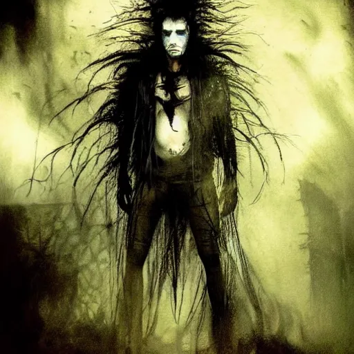 Image similar to gaunt ( the cure fan ) as dream from sandman, dim stars as eyes, by jeremy mann, by cedric peyravernay, by by russ mills, by richard avedon and ben templesmith, dramatic lightning, sadness, dark eye sockets, in the shadows, punk rock, gothic, high detailed, 8 k