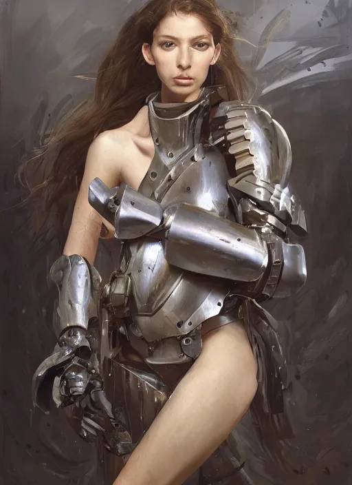 Image similar to a professional photographic portrait of a beautiful young girl, partially clothed in battle armor, olive skin, long dark hair, beautiful bone structure, symmetrical facial features, intricate, elegant, digital painting, concept art, smooth, sharp focus, illustration, beautifully framed, from Metal Gear, by Ruan Jia and Mandy Jurgens and Artgerm and William-Adolphe Bouguerea