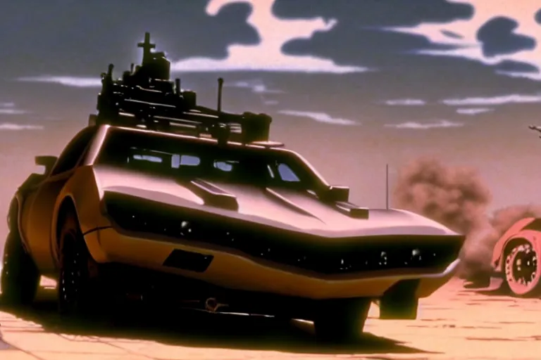 Prompt: masamune shirow movie still from ghost in the shell dieselpunk mad max mustang mach 1 with guns installed makoto shinkai takashi takeuchi studio ghibli, akihiko yoshida