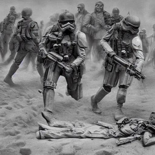 Image similar to war photography, the falling soldier, an imperial stormtrooper, zeroes in on the instant of death forever anticipated in the painting, etched into the public's mind, groundbreaking, breathtaking, awardwinning, by robert capa, digital intricate art, hyperrealist, detailed, 8 k, 3 5 mm, canon, extreme long shot