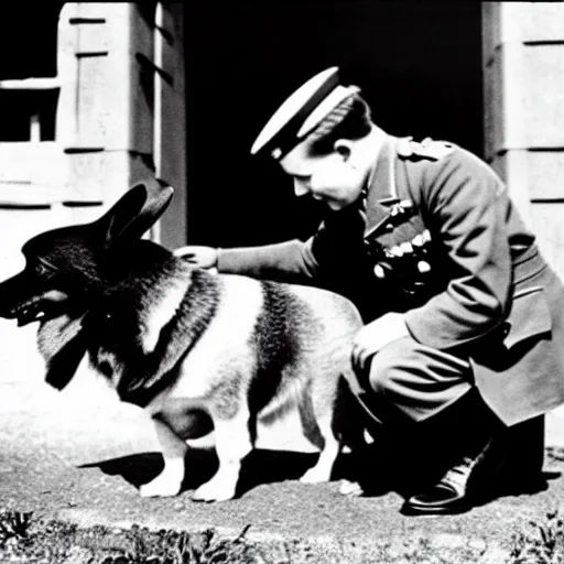 Image similar to ultra wide 1 9 4 6 historical photo of a single german general kneeling to pet a cute corgi, a young queen elizabeth stands near him, french village exterior, highly detailed, sharp focus