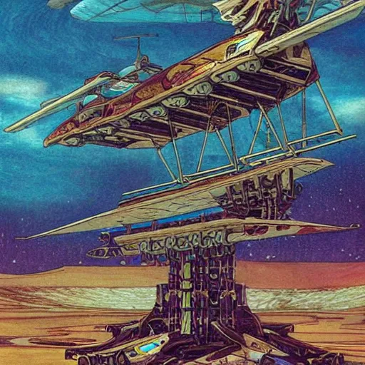 Prompt: solarpunk art nouveau spaceship skyship mecha made of mystical wood and cloth, tribal intricate design mechanical, dynamic 360 wide angle shot vehicle 2d cinematography by moebius