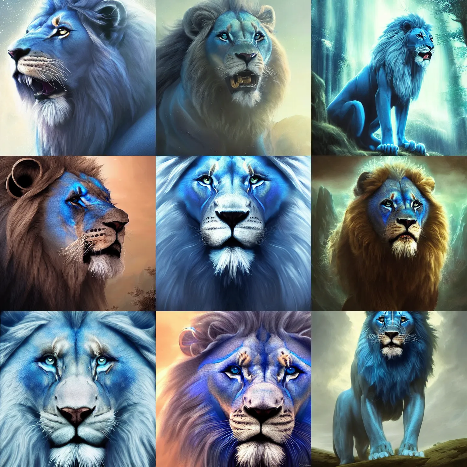 Prompt: portrait of a majestic blue lion roaring. mystical ambience. soft lighting. highly detailed matte painting. ross tran.