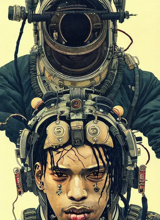 Image similar to a beautiful ukiyo painting of travis scott as a dieselpunk battle space pilot, wearing space techwear, detailed close up portrait, intricate complexity, concept art, by takato yamamoto, wlop, krenz cushart. cinematic dramatic atmosphere, sharp focus