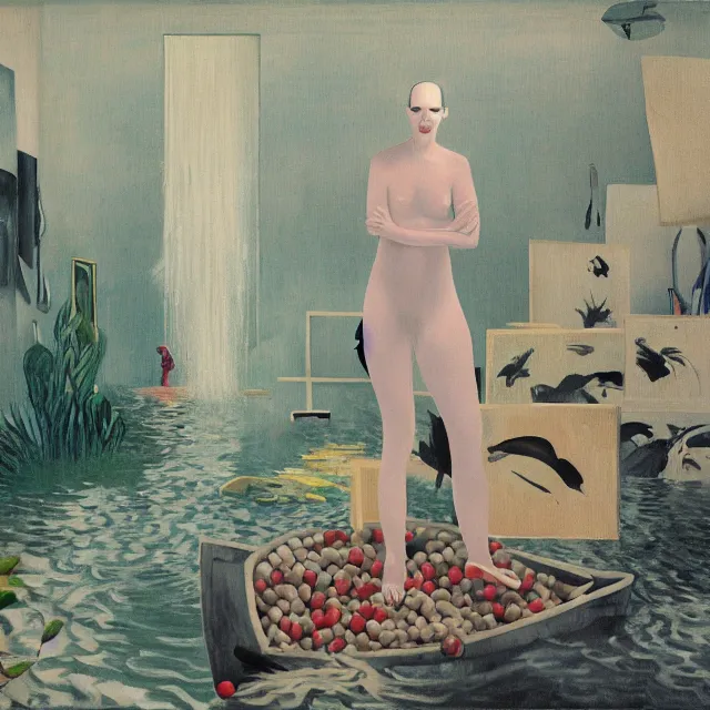 Image similar to tall female emo artist in her flooded apartment, water gushing from ceiling, painting of flood waters inside an artist's home, a river flooding indoors, pomegranates, pigs, ikebana, zen, water, octopus, river, rapids, waterfall, black swans, canoe, berries, acrylic on canvas, surrealist, by magritte and monet