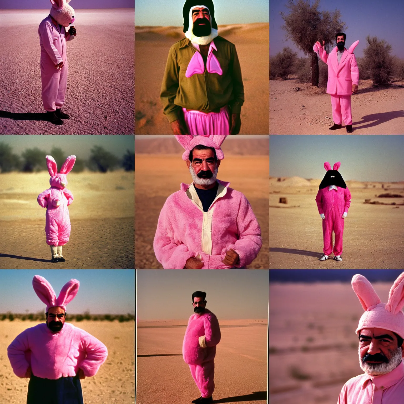 Prompt: portrait photograph, Saddam Hussein, wearing a pink rabbit costume, standing in the desert, depth of field, bokeh, 1980s photo