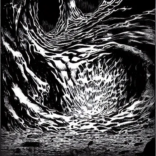 Image similar to “ kentaro miura ” “ bernie wrightson ” aquatic horror shape diablo canyon drought 1 0 2 4 x 1 0 2 4