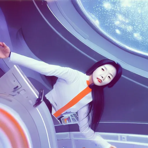 Image similar to a korean woman with long black hair and grey / black futuristic metallic clothing floating in zero - gravity in a spaceship with a white and blue futuristic interior. orange lighting, kodak film grain, expired film