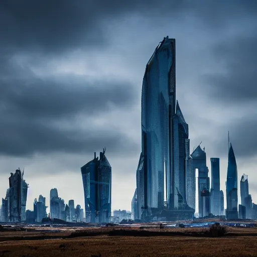 Image similar to Giant futuristic megacity towering across the landscape, post apocalyptic, EOS-1D, f/16, ISO 200, 1/160s, 8K, unedited, symmetrical balance, in-frame