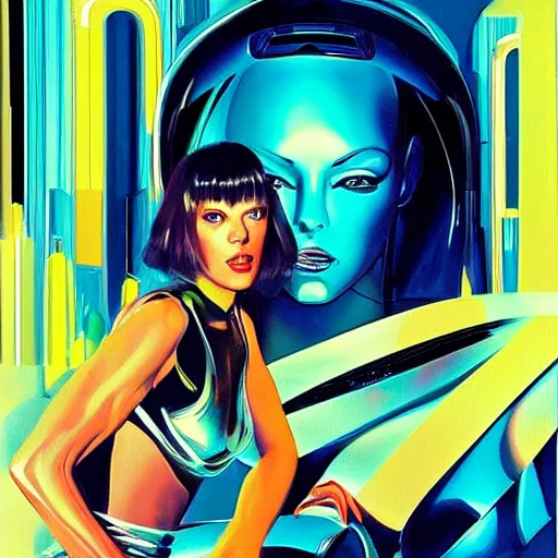 Image similar to milla jovovich as leeloo portrait in the foreground of art by syd mead scifi sharp neon city