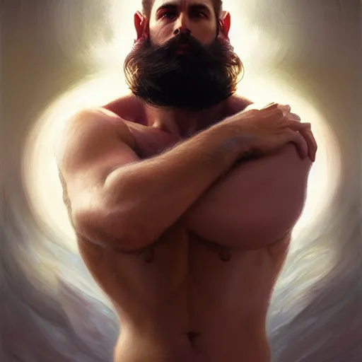 Prompt: portrait of a heavenly god, male, clear face, red and white and gold, masculine, beard, upper body, muscular, fantasy, intricate, elegant, dramatic lighting, highly detailed, digital painting, artstation, concept art, matte, sharp focus, illustration, art by artgerm and greg rutkowski and alphonse mucha