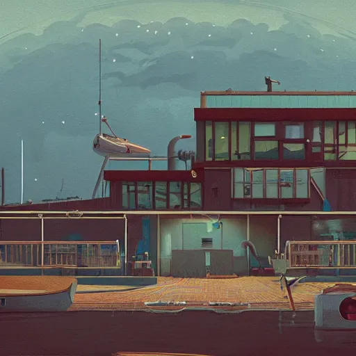 Image similar to yachting club by simon stalenhag