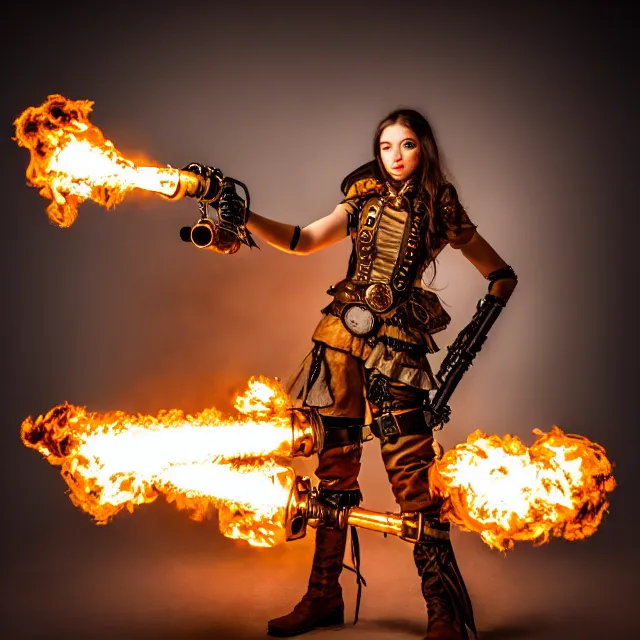 Image similar to full length photo of a steampunk warrior with a flamethrower, 8 k, hdr, smooth, sharp focus, high resolution, award - winning photo