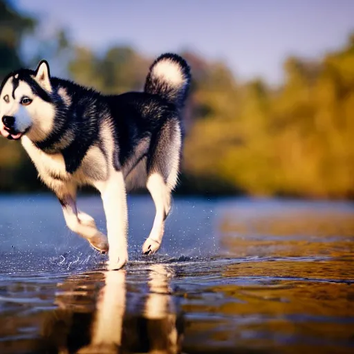 Prompt: Husky walks on water, 8k photography, cinematic