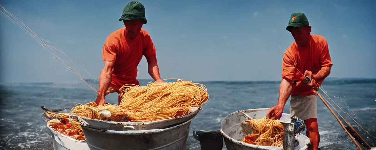 Image similar to fisherman pulling up a fresh catch of spaghetti from the ocean, canon 5 0 mm, cinematic lighting, photography, retro, film, kodachrome