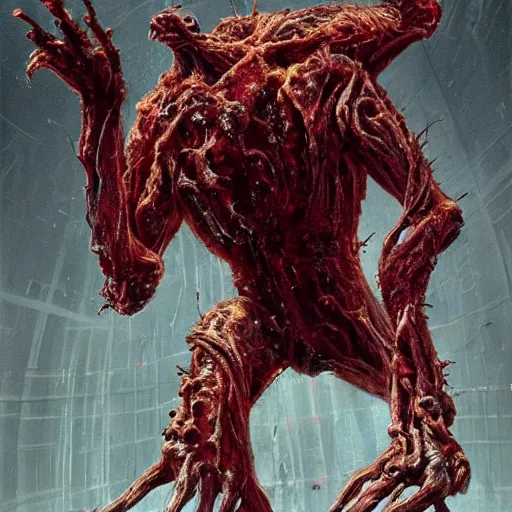 Image similar to scifi art by Greg Rutkowski, hideous monster made of twisted human flesh and reddish ooze, lumpy bloated upper body with elongated and sharp limbs, small head like a ball with two empty holes for eyes, only human beings are its legs, vicious appearance, scifi, space horror, digital painting, artstation, concept art, smooth, sharp foccus ilustration, Artstation HQ.