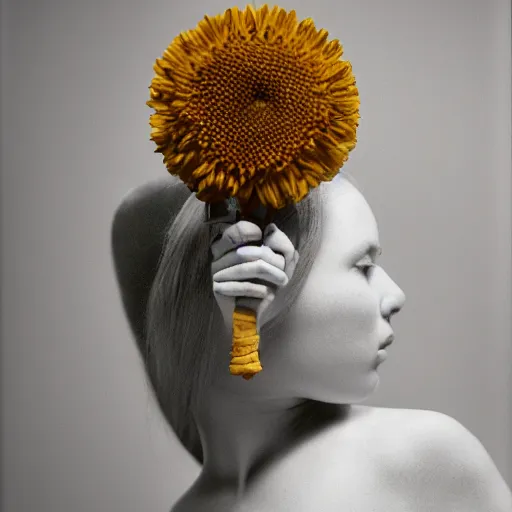 Prompt: a flower / human hybrid, studio medium format color photo