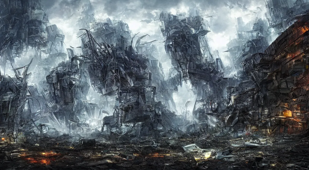 Image similar to damaged city, high - tech, concept art, forest, tornado, war,, high resolution, evil