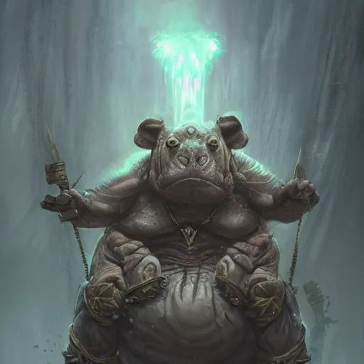 Image similar to Hippo, Anthropomorphized, as warlord general on skull throne, magic the gathering artwork, D&D, fantasy, cinematic lighting, centered, symmetrical, highly detailed, digital painting, artstation, concept art, smooth, sharp focus, illustration, volumetric lighting, epic Composition, 8k, art by Akihiko Yoshida and Greg Rutkowski and Craig Mullins, heroic pose, oil painting, cgsociety, Battlefield background, explosions, arrows