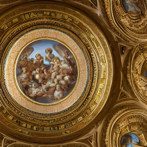 Image similar to ornated circular ceiling, with paintings of angels, highly detailed